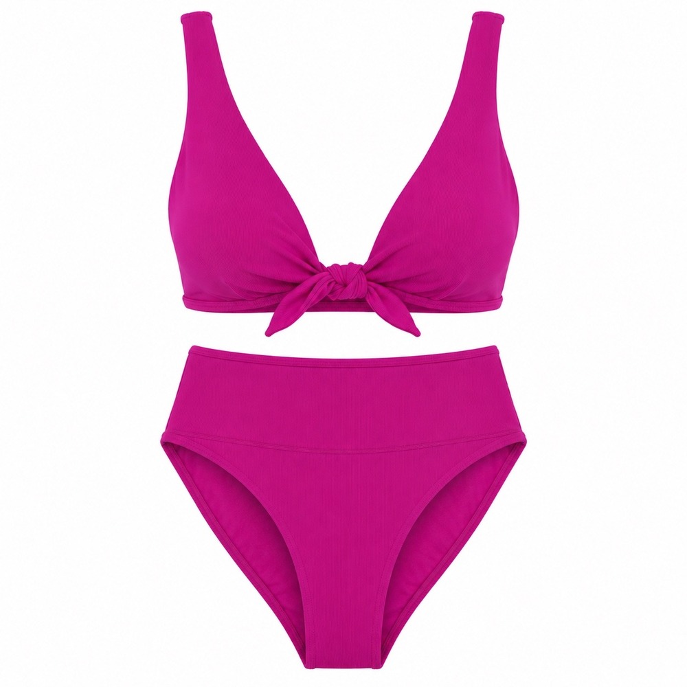 NWT Wilo The Label Tie Front Bikini Set Pink Ribbed High Waisted Cheeky S
